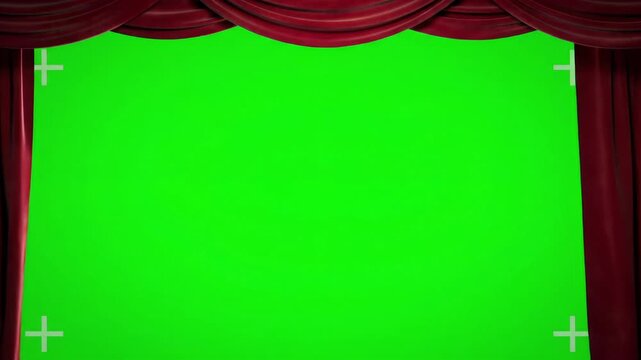 A static medium-wide video at eye level captures luxurious, deep crimson red velvet stage curtains with opulent folds slowly parting to reveal a bright chroma key green screen, cinematic stage reveal