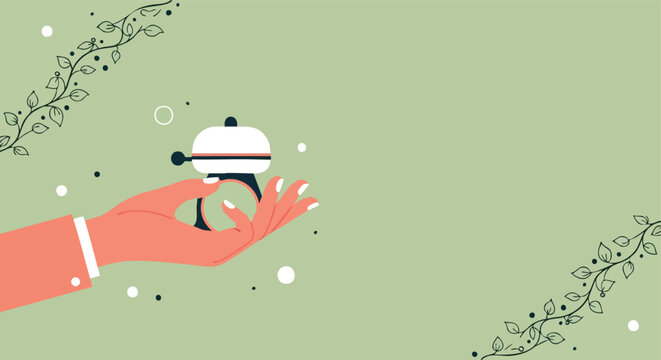 Hand holding service bell. Flat illustration. Hospitality concept. Customer assistance graphic. Vector art.
