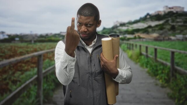 Man architect holding rolled blueprints and coffee cup shows middle finger toward camera on street near houses and railing; defiance.