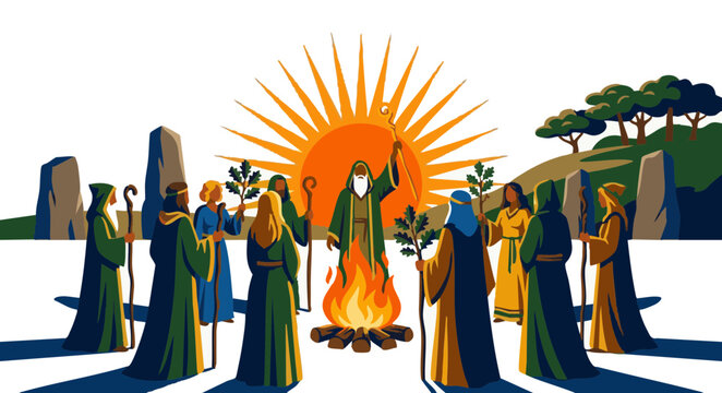 Group of druids performing ritual around fire during Summer Solstice Day  