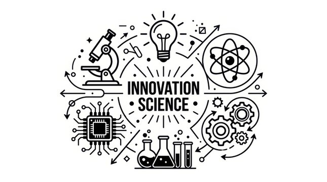 Innovation and science concept icons of microscope atom lightbulb gears and chip vector illustration