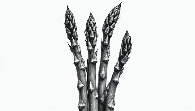Monochrome illustration of four asparagus spears arranged closely. Detailed line drawing shows texture on stalks and tips. Minimalist artwork suitable for food blogs or health content.