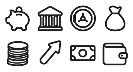 Fototapeta premium Vector icon set for the financial sector, banking services, and investment management. Rounded thick line style for digital banking app interfaces, expense control dashboards, and financial planning p
