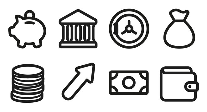Vector icon set for the financial sector, banking services, and investment management. Rounded thick line style for digital banking app interfaces, expense control dashboards, and financial planning p