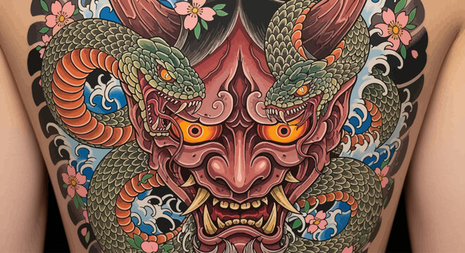 Vibrant Japanese tattoo on human back.