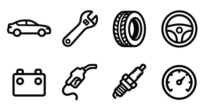Conjunto de &iacute;cones vetoriais para o setor automotivo, manuten&ccedil;&atilde;o de ve&iacute;culos e servi&ccedil;os de oficina. Estilo de linha grossa arredondada para interfaces de aplicativos de carros, pain&eacute;is de controle e p