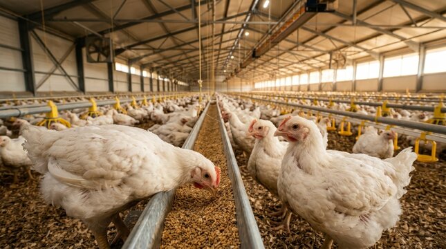 Poultry Farm: Inside a poultry farm, rows of chickens feed peacefully, with well-maintained facilities under a spacious roof.