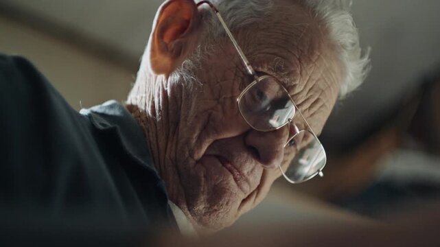 Close up of a focused senior artisan concentrating on his work in a dimly lit workshop environment