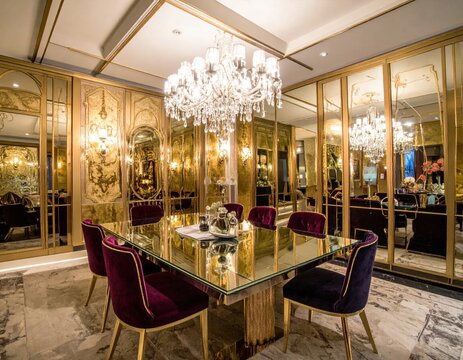 Luxurious dining room interior with velvet purple chairs, glass table, crystal chandelier, gold wall panels, opulent home decor, sophisticated lifestyle