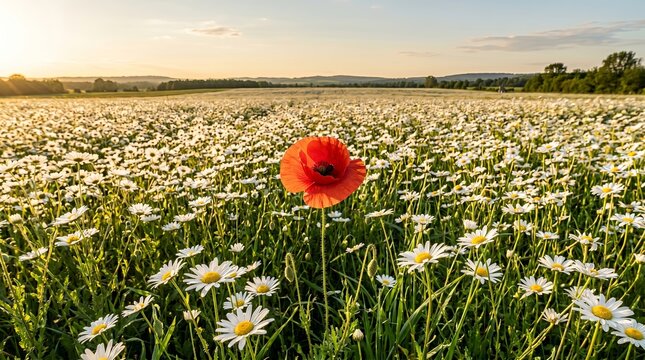 Conceptual scene of one red poppy among white daisies symbolizing individuality in golden light