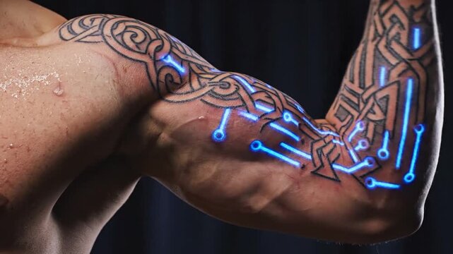 Muscular arm with futuristic glowing circuit board pattern tattoos