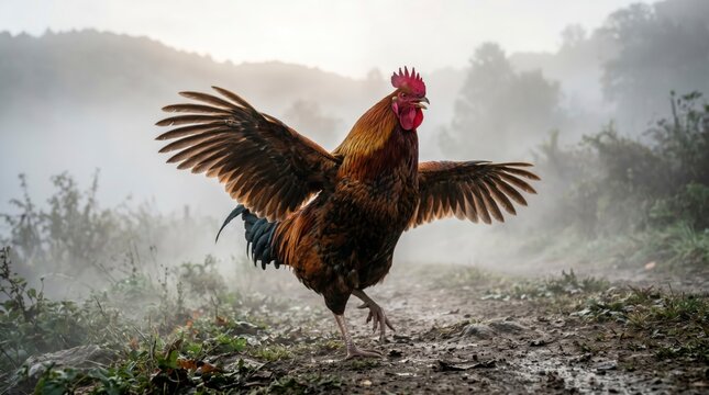  Majestic Rooster: A proud rooster struts boldly, wings spread in a display of strength and freedom, against a misty backdrop of the rural countryside. 