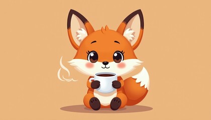 Fototapeta premium Cute cartoon fox sits holding white mug with hot drink. Small animal has big eyes and cheerful expression. Enjoying warm beverage on solid color background.