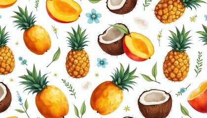 Naklejka premium Seamless pattern featuring hand-drawn tropical fruits like pineapples, mangoes, coconuts with green leaves, blue flowers on white background. Cheerful design evokes summer vibes, healthy eating,