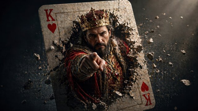 Royal Decree: A majestic king emerges from a playing card, the King of Hearts, his regal presence and commanding gaze exuding power and authority. A symbol of leadership, strategy, and triumph.