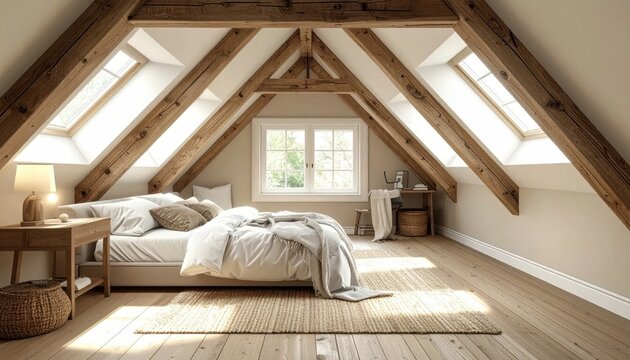 Cozy attic bedroom interior with exposed timber roof beams, soft natural sunlight, rustic wooden furniture, peaceful home atmosphere, interior design