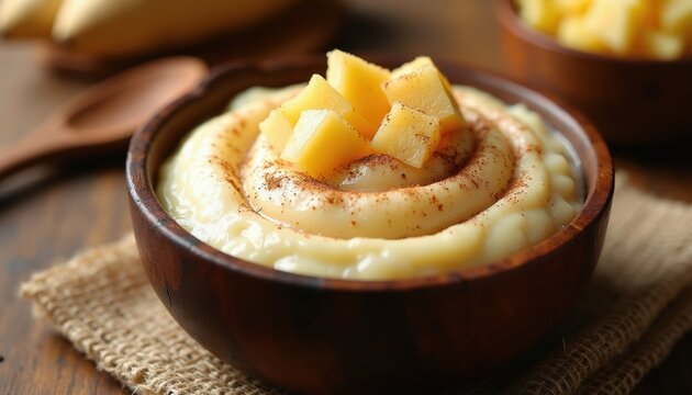 Creamy cassava mash served in wooden bowl. Topped with diced pieces and cinnamon powder. Yuca roots visible in background. Delicious homemade dessert.