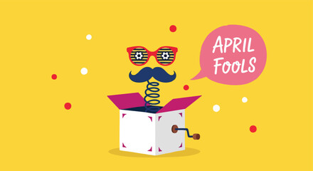 April Fools' Day Jack-in-the-Box. Humorous cartoon illustration. Playful surprise design. Holiday greeting banner. © khafid