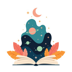 Open Book with Cosmic Fantasy Scene. Imagination and Knowledge Concept. Whimsical Flat Illustration. Dreamy Vector Art. © khafid