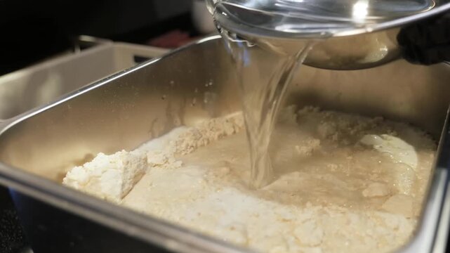 close-up shot of a clear liquid being poured from a stainless steel pot into a metal container filled with white flour and dry ingredients. This footage captures the initial stage of making bread doug