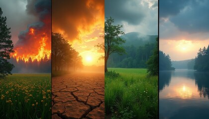 Fototapeta premium Collage shows fire destruction arid land and rich green meadow with calm lake. Nature contrast reflects climate change impact. World faces environmental crisis.
