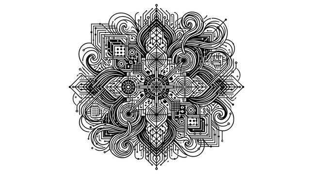 Intricate mandala design inspired by quantum computer circuits, representing technology, complexity, and futuristic innovation.