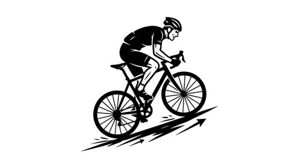 Naklejka premium Black silhouette icon of a cyclist riding a bicycle uphill with speed lines and arrows, representing effort, progress, and determination.