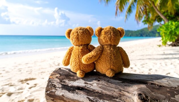 Two teddy bears sit together on a log, overlooking a white sand beach and turquoise water under a clear sky. Palm trees frame the idyllic scene