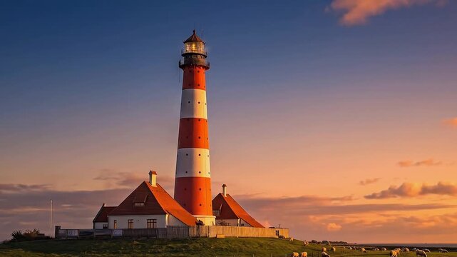 Red and white striped lighthouse at sunset with grazing sheep