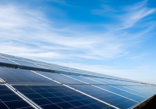 Vast array of solar panels arrayed against a clear, expansive azure sky with wispy, ethereal clouds, showcasing renewable energy infrastructure and sustainable power generation under sunny