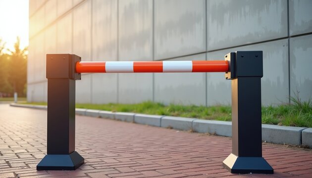 Automatic barrier gate with orange and white stripes controls vehicle access. Black posts are fixed on red brick pavement. Security entry point near building exterior.