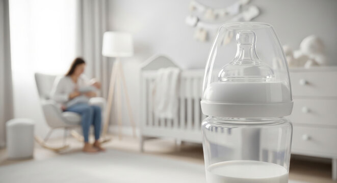 Mother nursing baby in cozy nursery with milk bottle in foreground. concept of motherhood, infant care, family bonding, copy space