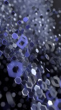 Abstract digital background with glowing blue and silver hexagonal particles floating in a dark space creating a futuristic technology concept