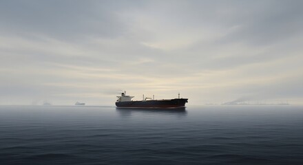 Obraz premium Oil Tankers Sailing on Misty Ocean Under Cloudy Sky