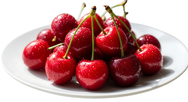 Freshly harvested cherries displayed on a white plate isolated on transparent background
