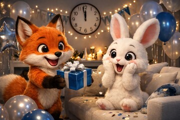 Fototapeta premium Adorable fox presenting gift to excited white bunny in festive setting with balloons and fairy lights. concept of friendship, celebration, cute animal interaction