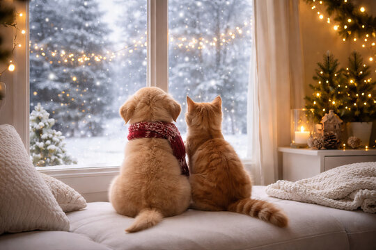 Cat and puppy watching snowfall together by the window in cozy holiday setting with twinkling lights and winter landscape