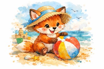Fototapeta premium Watercolor illustration of cute fox with beach ball on sandy shore. concept of summer vacation, playful beach scene, adorable animal art.