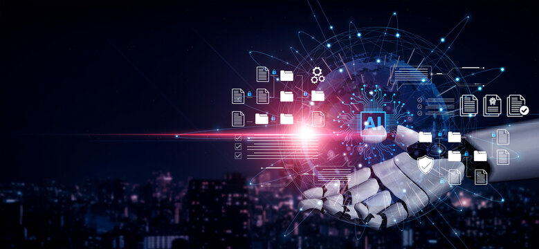 A robotic hand engages with digital files and artificial intelligence symbols over a dark futuristic cityscape, symbolizing advanced technology and connectivity in the digital era. Cyphers