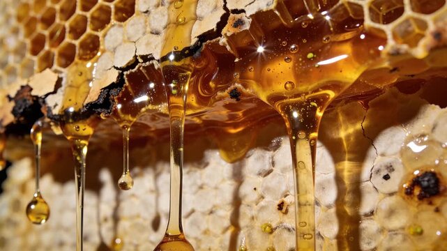 蜂の巣から複数の蜜が溢れる迫力、光を透かす重たい黄金粘性の爆発