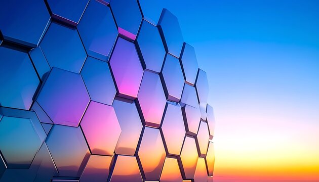 Geometric honeycomb structure with iridescent metallic facets reflecting a vibrant sunset sky, technology and nature fusion, futuristic design elements