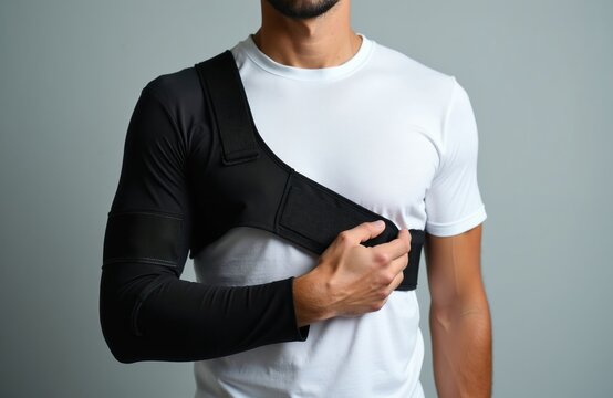 Man wears black shoulder brace on arm and chest. Medical device supports arm after injury or surgery. Recovery aid helps heal shoulder joint pain and injury.