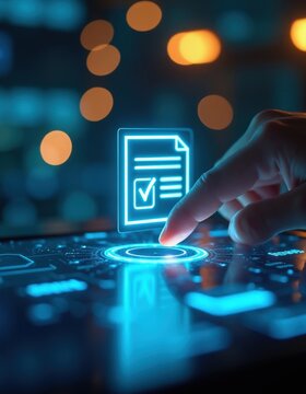 Finger interacts with digital interface touching glowing document icon with checkmark. Online approval of policy or legal contract. Modern tech for business compliance.