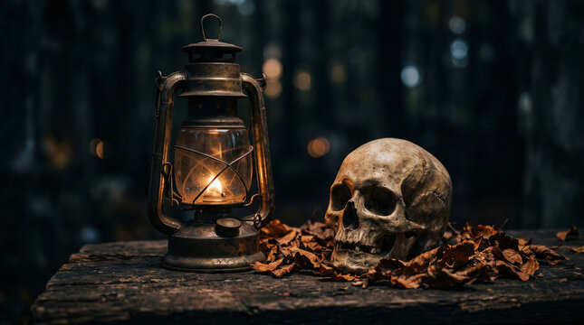 Old rusty lantern casting dim light alongside weathered skull on wooden table surrounded by autumn leaves in forest. concept of mysterious atmosphere, vintage decor, eerie night, horror, copy space