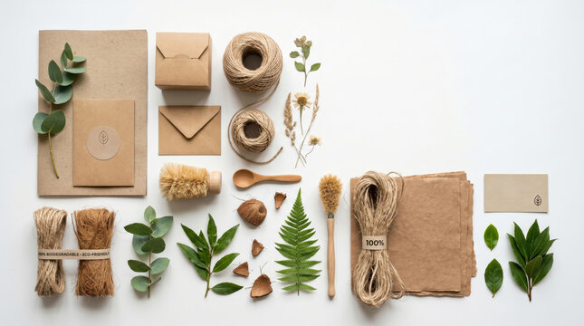 Flat lay composition of biodegradable materials and natural elements for eco-friendly living and sustainable decor concept, copy space