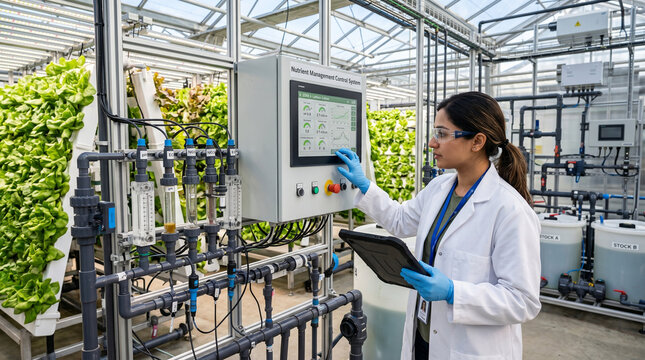Woman in a lab coat and blue gloves operates a hydroponic control panel