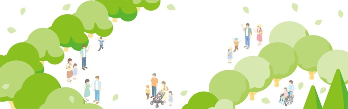 多様な人々が過ごす夏の公園のアイソメトリックイラスト。街づくり・福祉・家族旅行のコンセプト背景