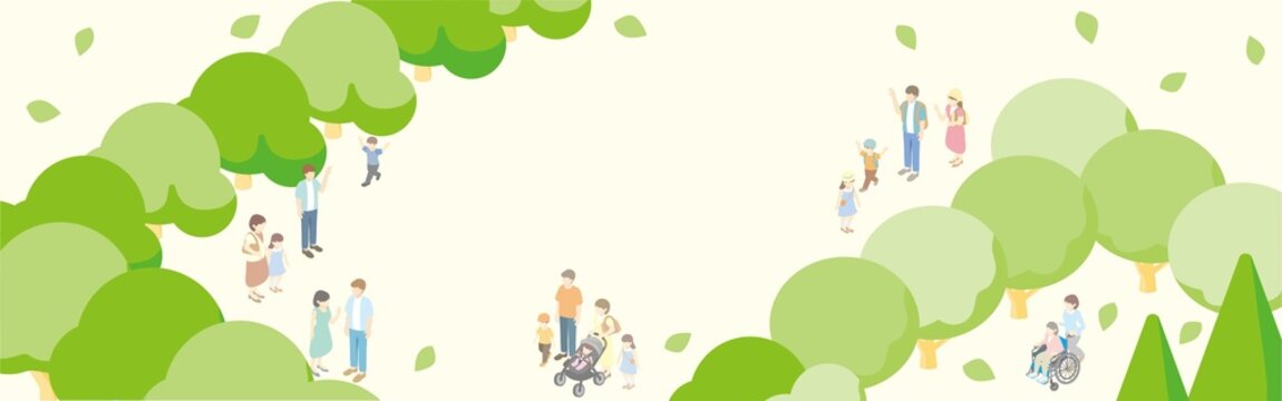 多様な人々が過ごす夏の公園のアイソメトリックイラスト。街づくり・福祉・家族旅行のコンセプト背景
