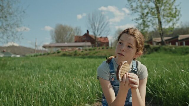 Young girl with freckles enjoying a tasty ice cream sandwich outdoors in a grassy field