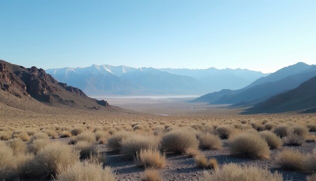 Vast sagebrush steppe stretches towards distant mountains under clear blue sky. Arid terrain in Nevada offers open space and rugged beauty. Remote wilderness invites exploration.